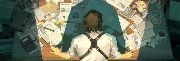 Bannermotiv zu Storyfold: Buried Truths (Board Game Circus): Figur über verstreuten Akten gebeugt