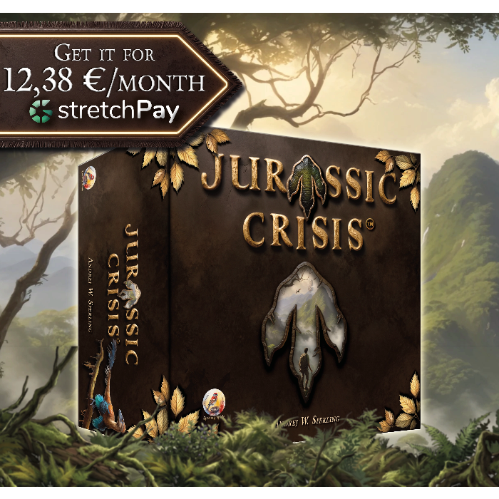 Verpackung von Jurassic Crisis (Sperling Spiele), Survival-Motiv mit Dinosauriern