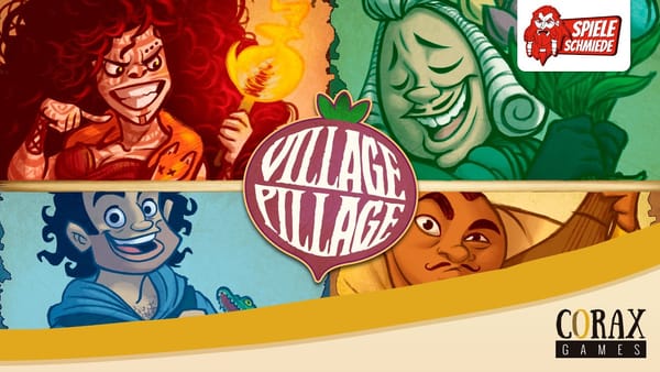 Key-Art zur Village-Pillage-Kampagne mit vier Charakteren und Logo von Spieleschmiede und Corax Games