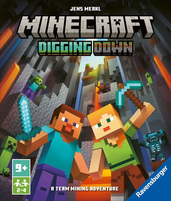Verpackung von Minecraft Digging Down (Ravensburger): Spielfiguren Steve und Alex mit Schwert und Spitzhacke in einer Höhle, umgeben von Monstern
