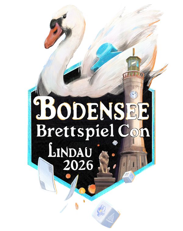 Logo der Bodensee Brettspiel Con Lindau 2026 mit Schwan und Lindauer Leuchtturm