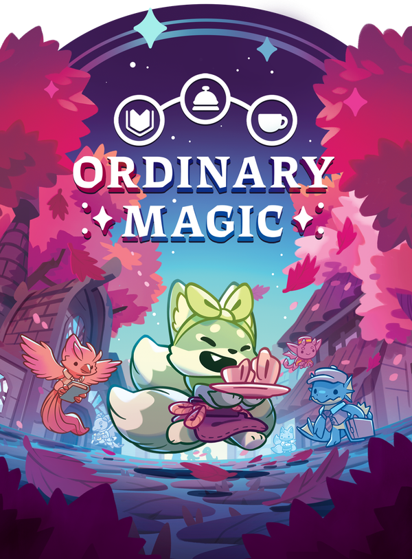 Key-Art zur Ordinary-Magic-Kampagne mit Logo-Schriftzug und den drei Maskottchen aus Bookshop, Café und Fahrstuhl-Welt